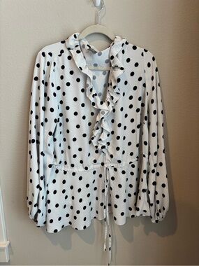 ASOS White Blouse with Black Polka Dots and Ruffle V-Neck